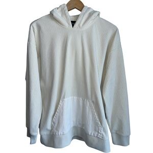 ROYALTY by Maluma | Ribbed Mixed Media Sweatshirt Hoodie | Cream Hooded Shirt M